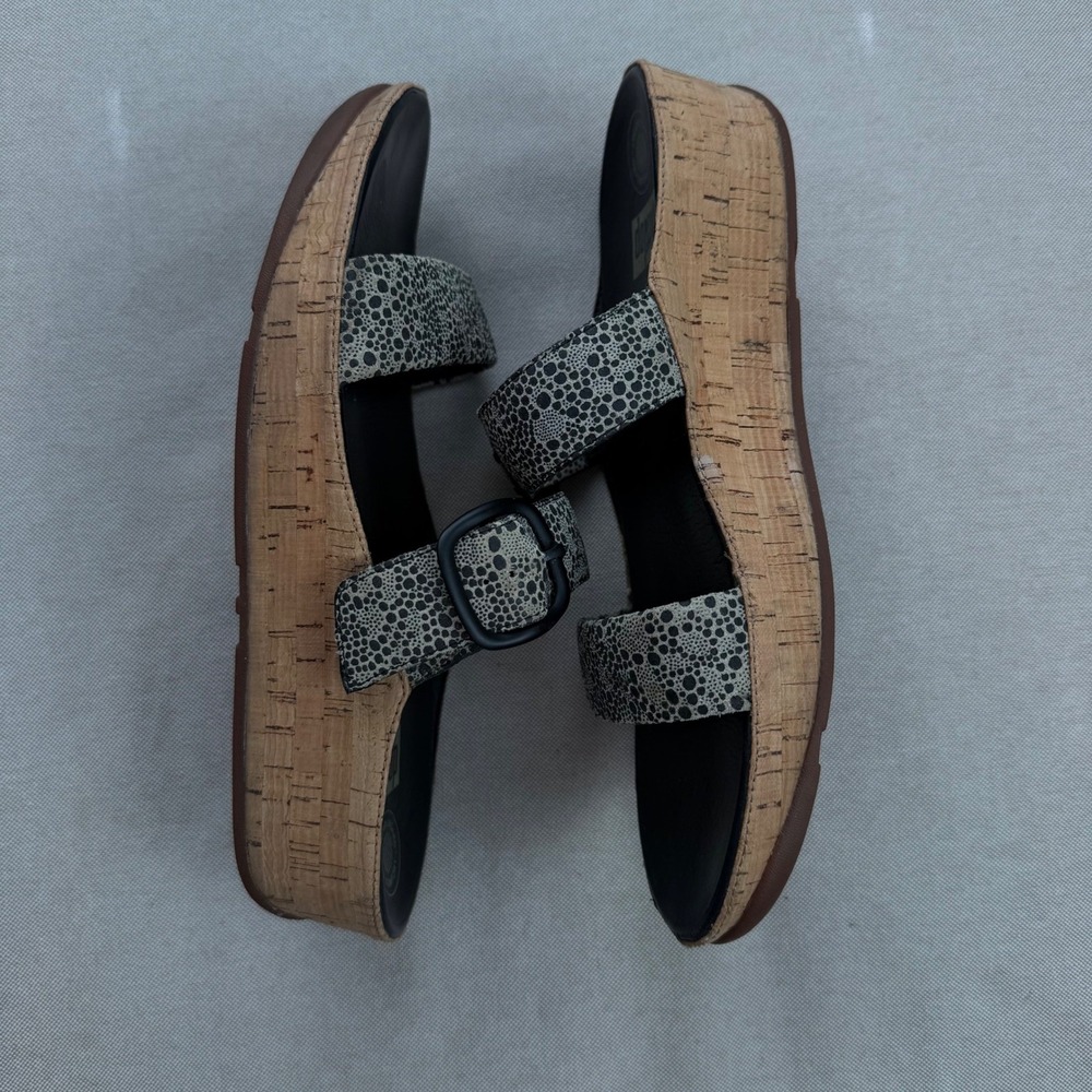 Fitflop Sz 10 Stack Slide Sandal Black White Cirque Print Platform Wedge Comfort - Picture 6 of 7